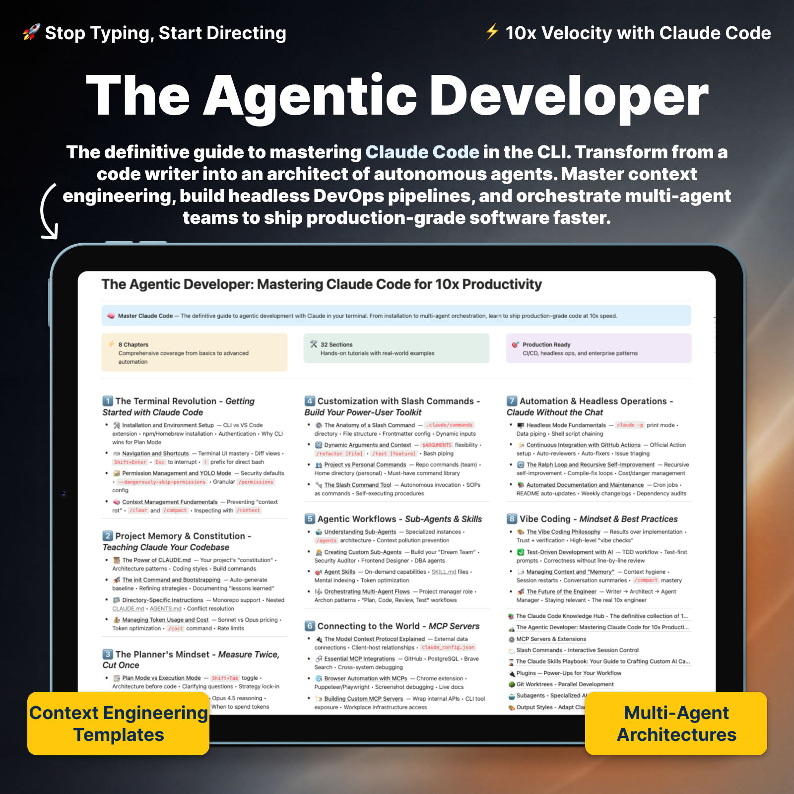Book cover of 'The Agentic Developer' with a tablet displaying content on a dark background